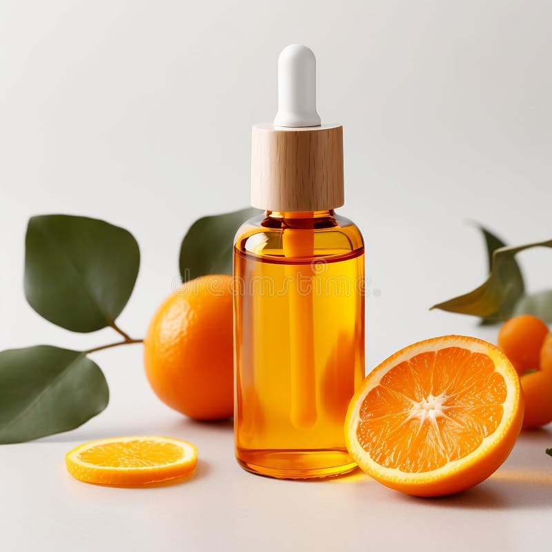 AI Generated Illustration of a Serum Bottle with Cut Oranges