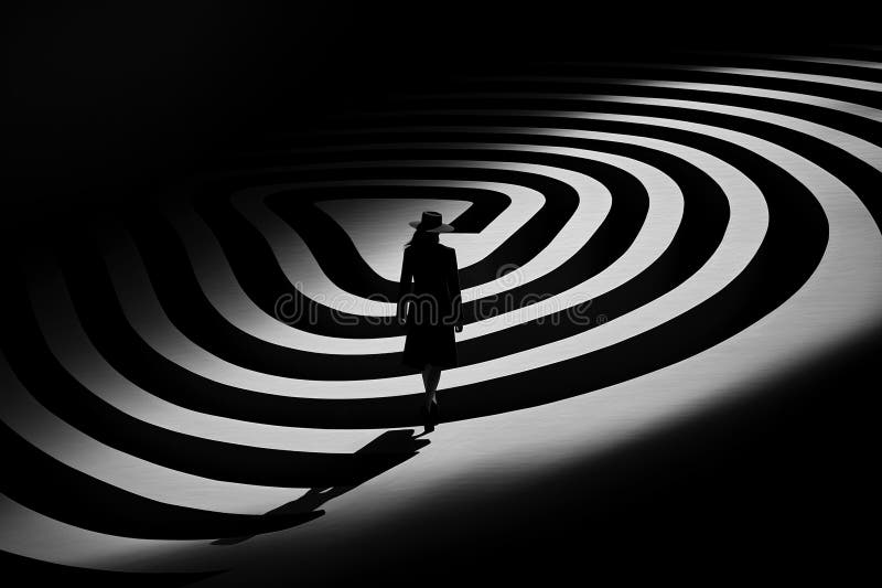 Illustration of a shadowed human in a hat walking on an optical illusion spiral vector illustration.