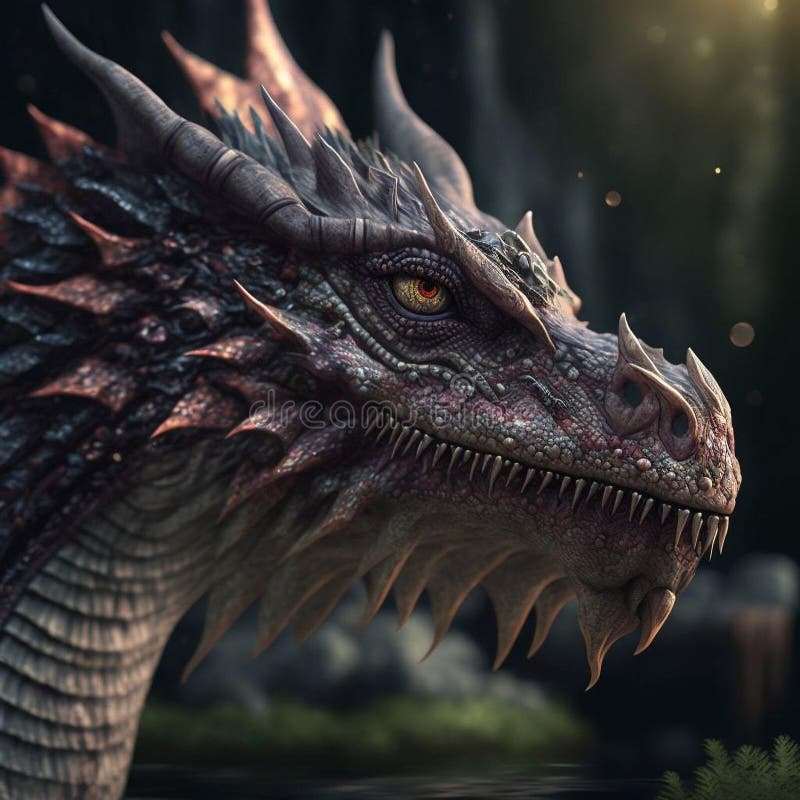 AI-generated illustration of a side view of dracorex's head in the sunlit blurred background stock illustration