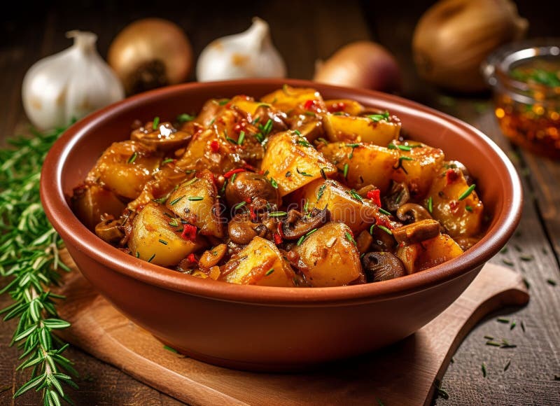 A side view of a wooden table featuring a bowl of potatoes with herbs and spices vector illustration