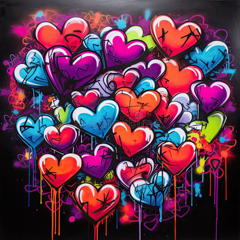 Hearts are Painted with a Spray Paint Pattern in the Form of a Heart