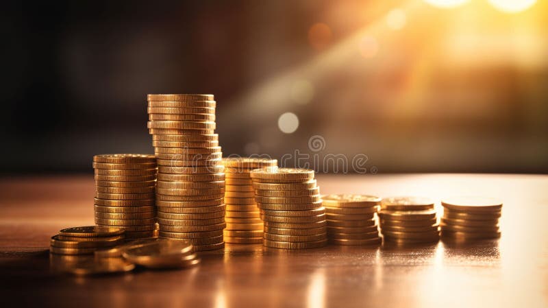AI generated illustration of stacks of gold coins on a bright background stock illustration