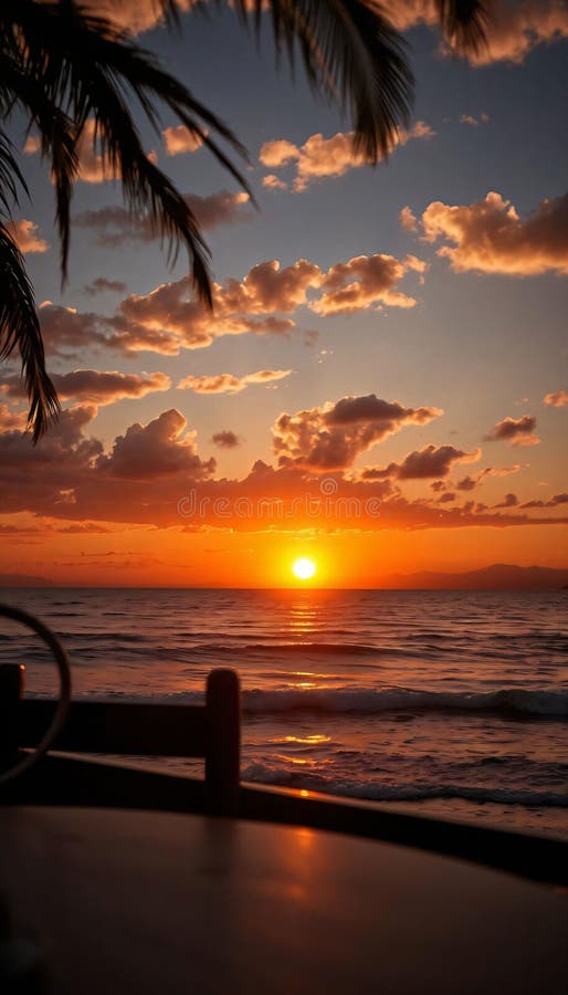 AI-generated illustration of sunset over a tropical beach with palm trees royalty free illustration