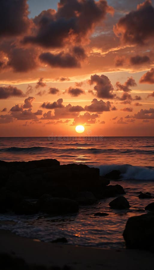 AI-generated illustration of sunset over a tropical beach with palm trees royalty free illustration