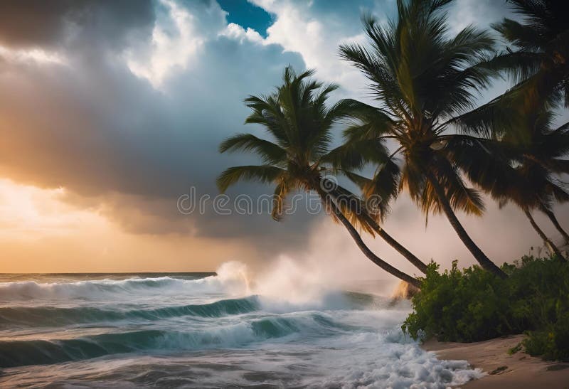 Illustration of a sunset on a tropical beach with waves crashing on the shore royalty free illustration.