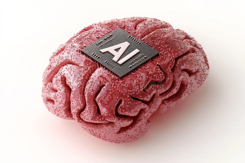 Textured red AI brain embedded chip patterns soft grainy surface representing neural computing data analytics advanced AI vector illustration