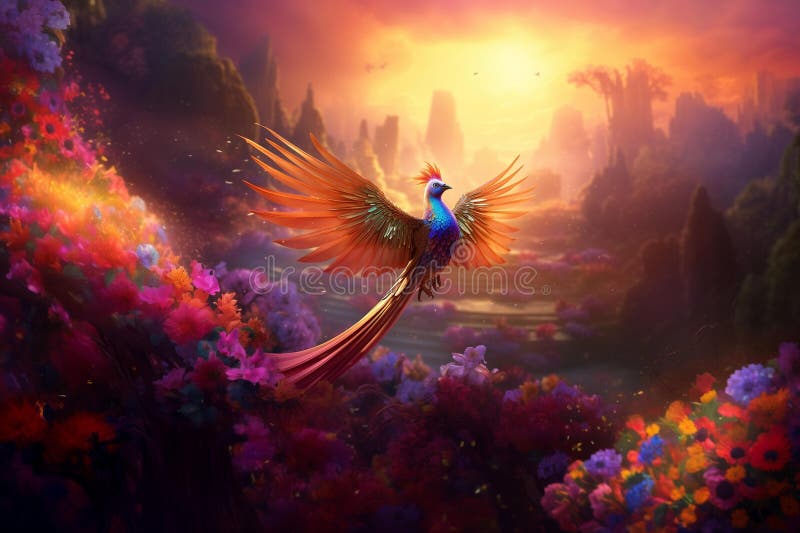 Ai generat ilustrarea unui phoenix mitic vibrant cu pene colorate stock illustration