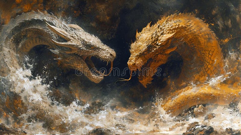 Două dragoni de apă luptându-se unul peste celălalt cu pietre în fundal stock illustration