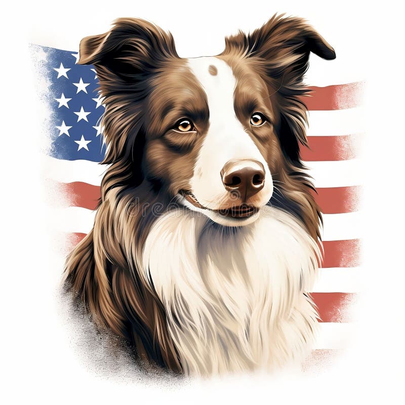 An AI-generated illustration of a  watercolor painting of a border collie dog against an American flag