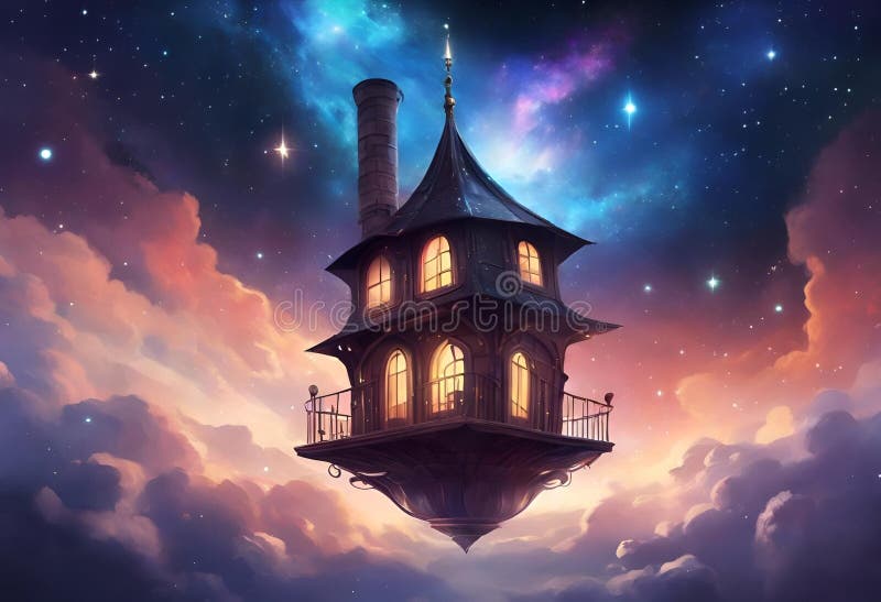 A house on a floating platform in the sky with clouds and stars vector illustration