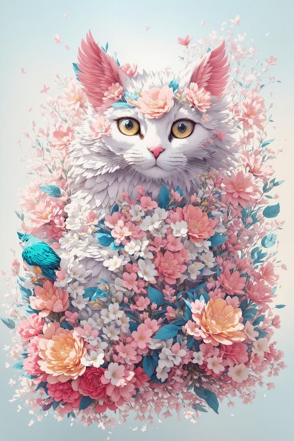 AI generated illustration of a white fluffy cat in colorful flowers