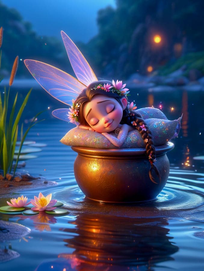 Image, a baby fairy sleeping peacefully on a cushion inside a pot floating on the water, enchanting night scenery. stock photo.