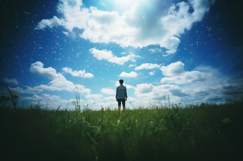 Back view of a man standing in the middle of the field and looking at the sky royalty free illustration