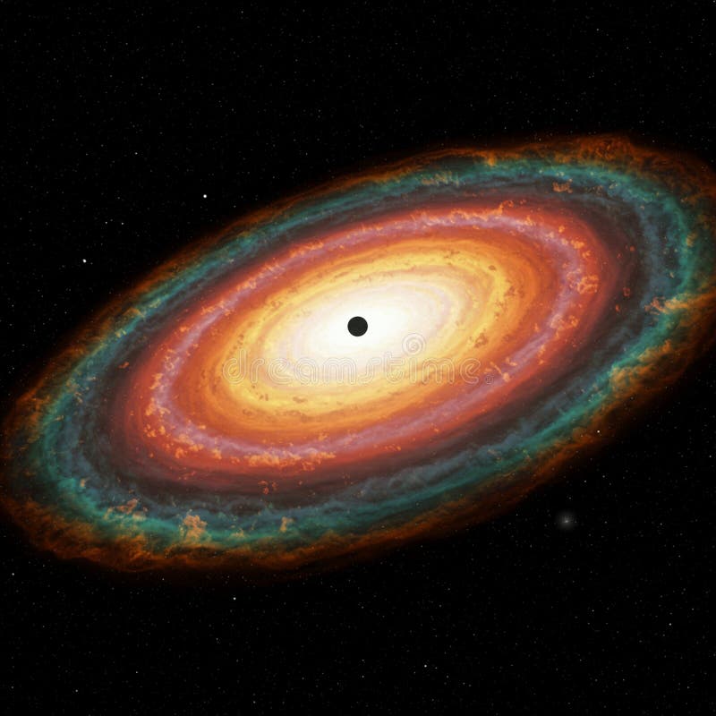 AI-generated image of a black hole with an accretion disk. The central black dot stock illustration