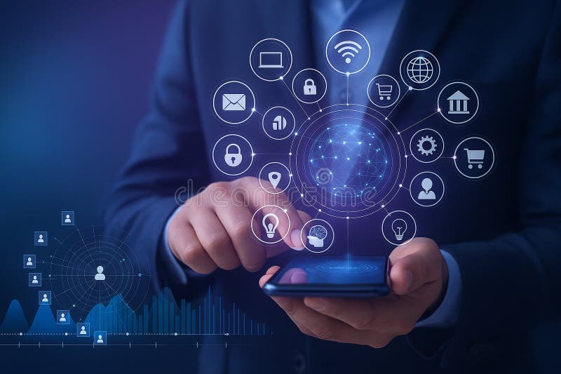 Image of a businessman using a smartphone with holographic icons for communication cloud data AI shopping and royalty free illustration.