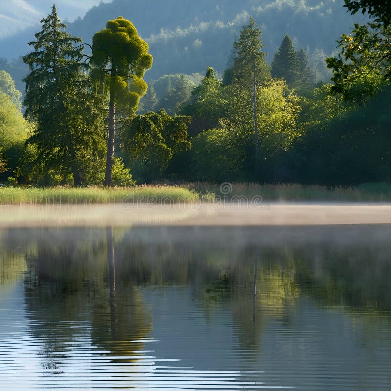 Image: Calm Lake with Mist and Reflection royalty free illustration.