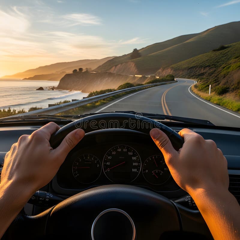 Driving along the coastal highway at sunset vector illustration
