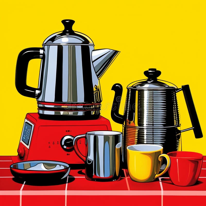 AI Generated Image of Coffee Pots and Cups on Table Stock Illustration