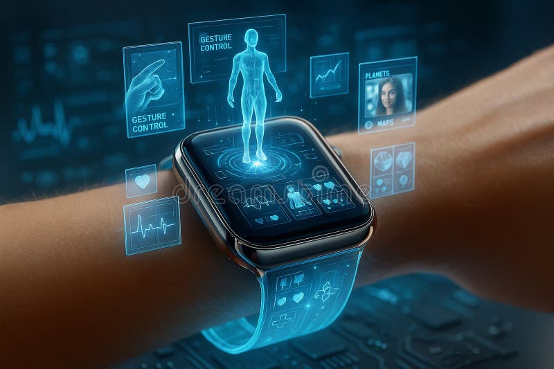 Image of a concept smartwatch projecting a 3D human body hologram surrounded by health data gesture controls and vector illustration.