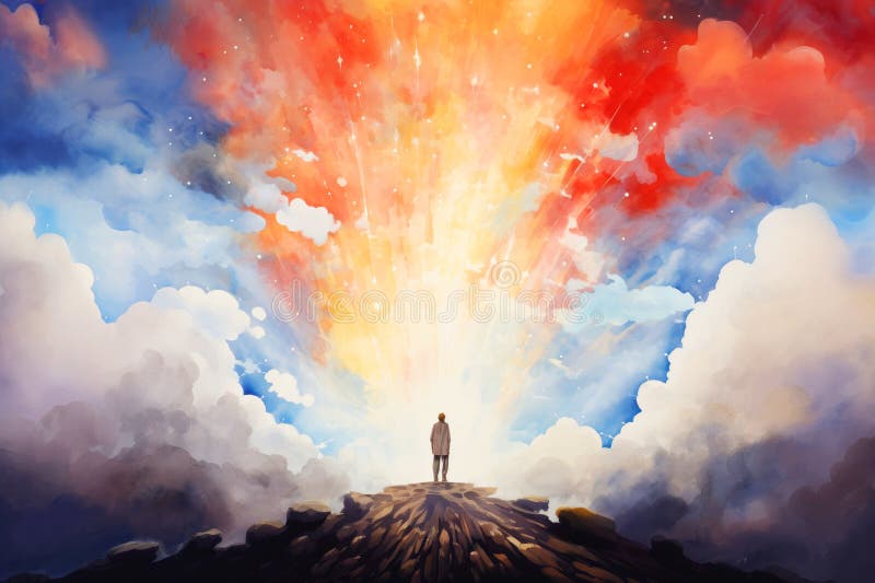 Conceptual image of a man standing on top of a mountain and looking at a colorful explosion stock illustration