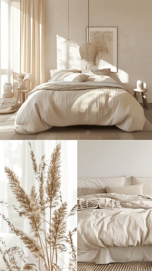 Minimalist Bedroom with Cozy Bed and Soft Color Palette Stock