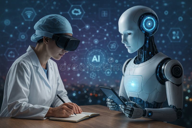 Image depicting a female scientist with VR glasses collaborating with a humanoid robot in a futuristic workspace. royalty free illustration.