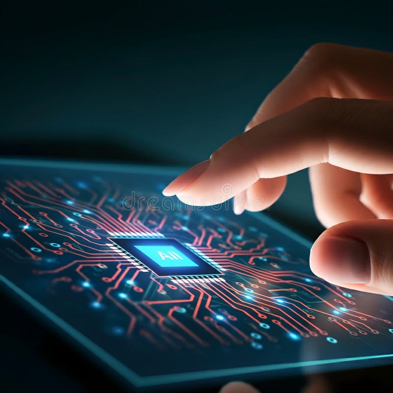 AI-Generated Hand Touching Digital Circuit Board with AI Chip Highlighted vector illustration
