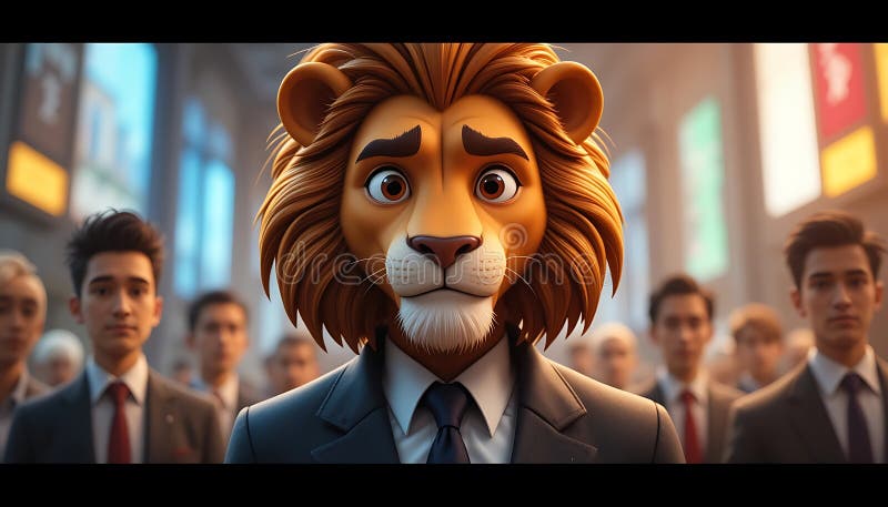 Anthropomorphic Lion in Suit Surrounded by Businessmen royalty free illustration