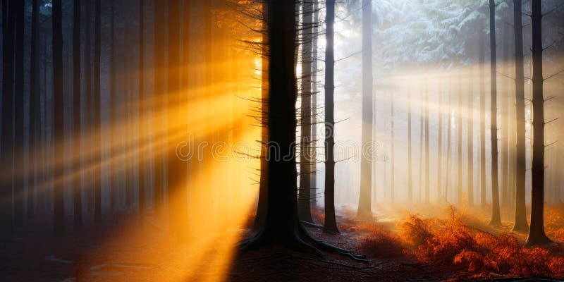 Digital composite of Sunbeams shining through misty trees in forest royalty free illustration