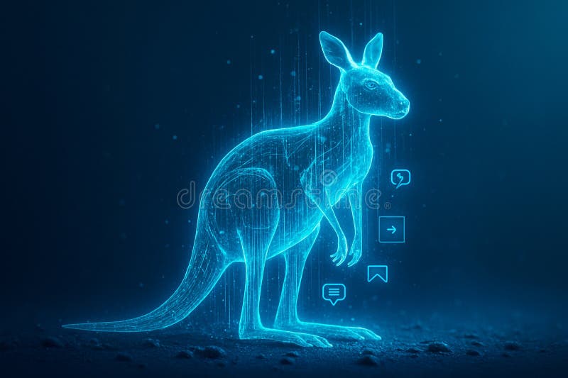 Image of a digital holographic kangaroo glowing in deep blue tones with tech-inspired UI elements representing stock illustration.