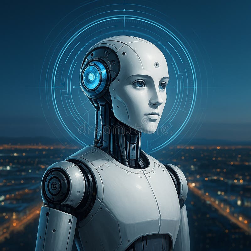 Image of elegant humanoid robot with glowing circuits standing against futuristic cityscape with digital interface royalty free illustration.