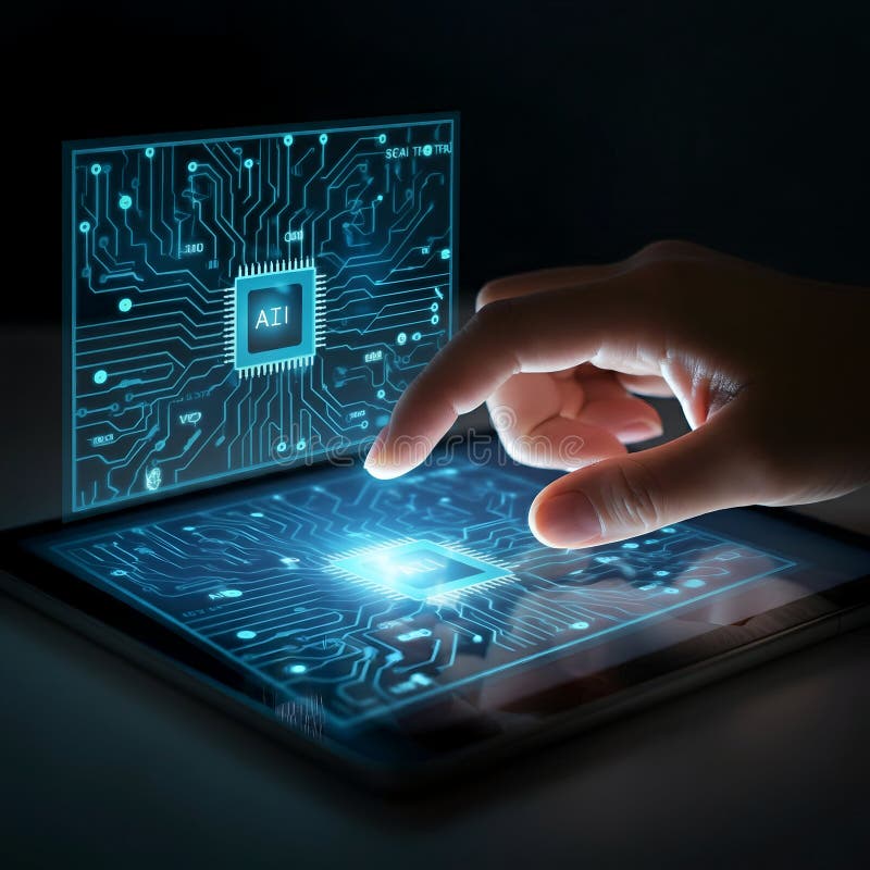 AI-Generated Hand Touching Glowing AI Chip on Tablet Screen with Circuit Board Design stock photos