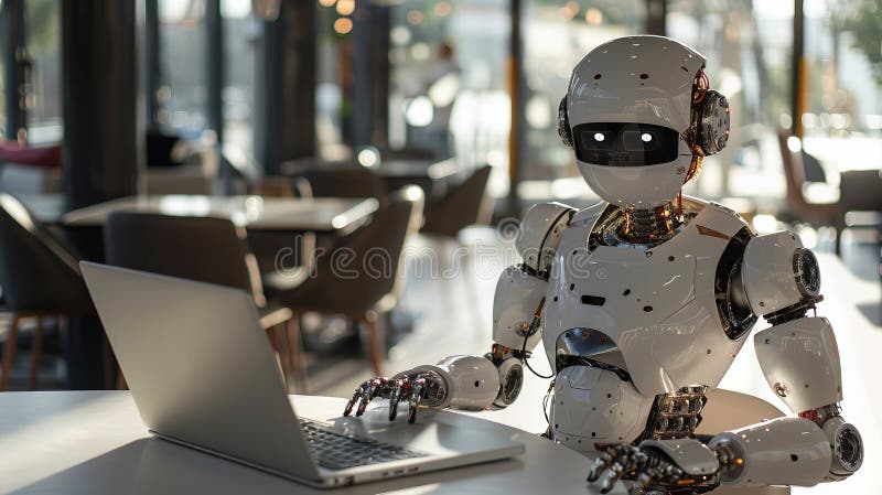 Image of a robot working at a laptop in a modern office. Futuristic concept showcasing technology and AI royalty free stock image.