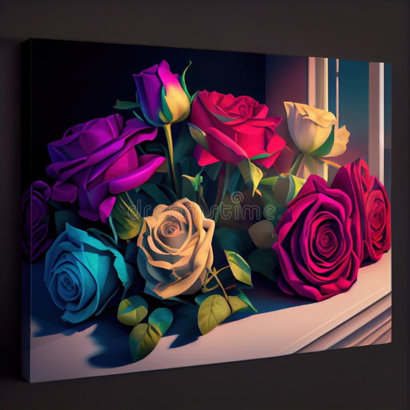 Luxuriant Rose Garden on Windowsill, Made with Generative AI. AI Generated image featuring a photorealistic, animated 3D render of a vibrant array of roses on a windowsill. The intricate details of the roses are shown in an isometric view with vivid color schemes, luxurious look