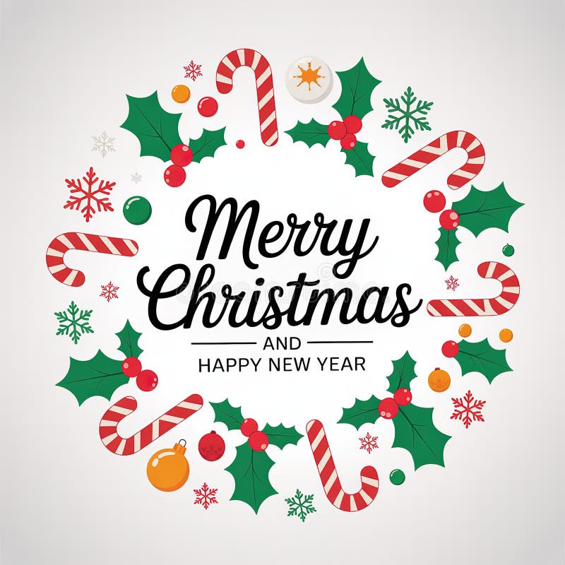 Merry Christmas and Happy New Year Greeting Card Design Vector Illustration Holiday Festive Elements Candy Canes Snowflakes Holly royalty free illustration