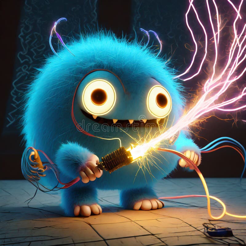 Cute Fluffy Ball Monster Playing with Electricity Stock Illustration