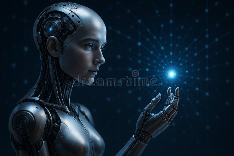 Image of a futuristic humanoid robot reaching for a glowing photon orb in a dark space surrounded by neural lines royalty free illustration.