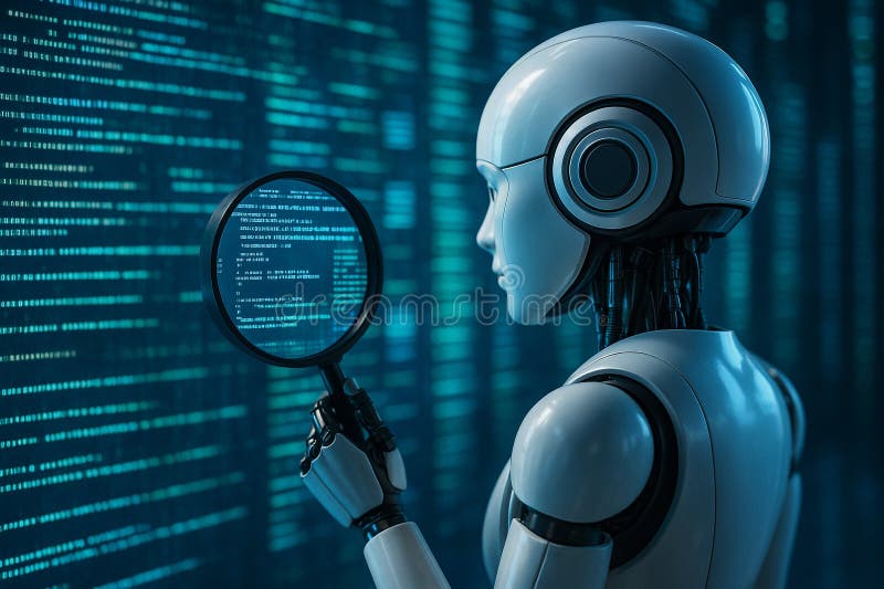 AI generated image of a futuristic robot analyzing digital code through a magnifying glass in a glowing data environment symbolizing precision focus and cyber intelligence