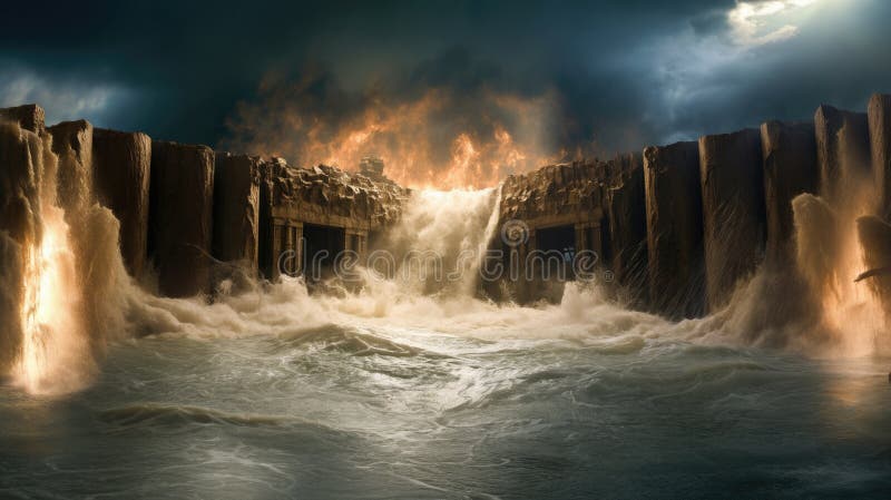 The Genesis flood. \ the fountains of the Great Deep burst apart and the floodgates of heaven broke open\