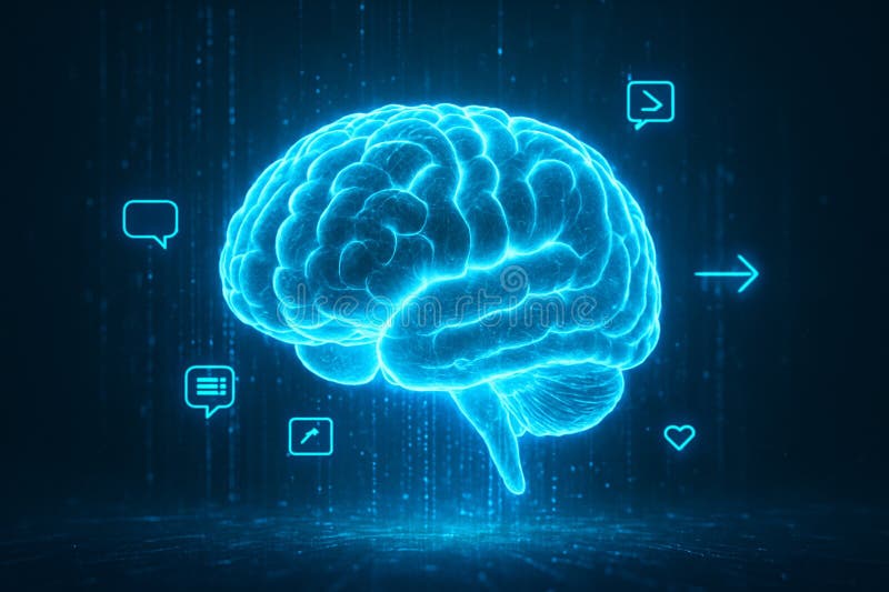 Image of a glowing blue digital brain with code-like lines and UI symbols on a dark blue background representing stock illustration.