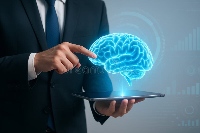 Image of a glowing 3D digital brain floating above a tablet held by one hand while another hand points at it stock illustration.