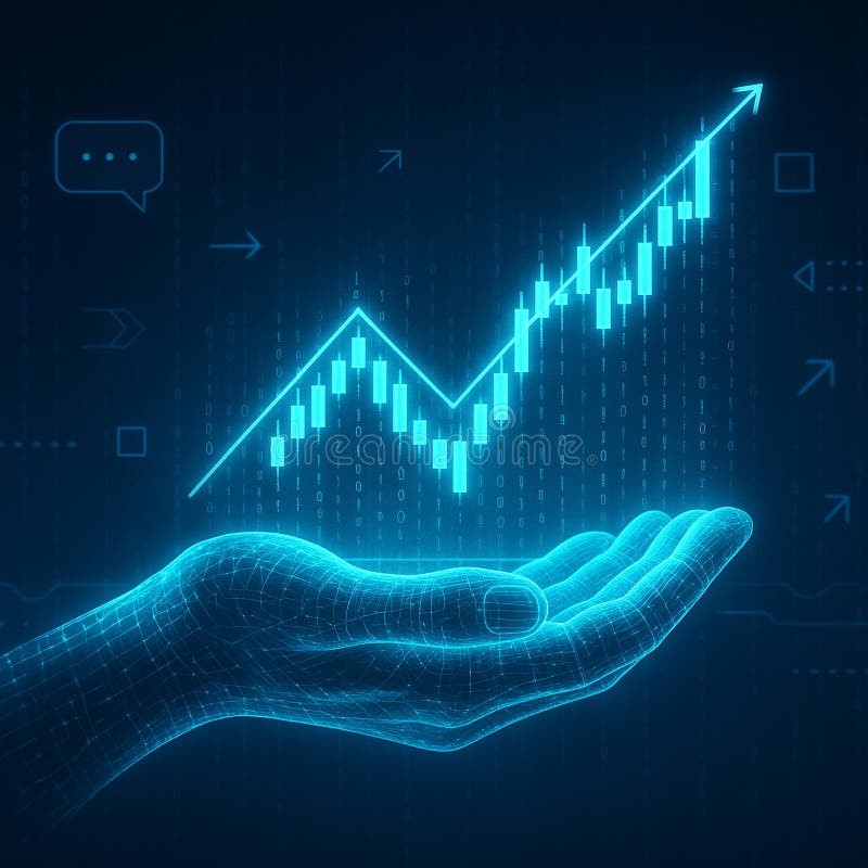 Image of a glowing digital hand holding a futuristic stock graph with holographic UI on a deep blue background stock illustration.