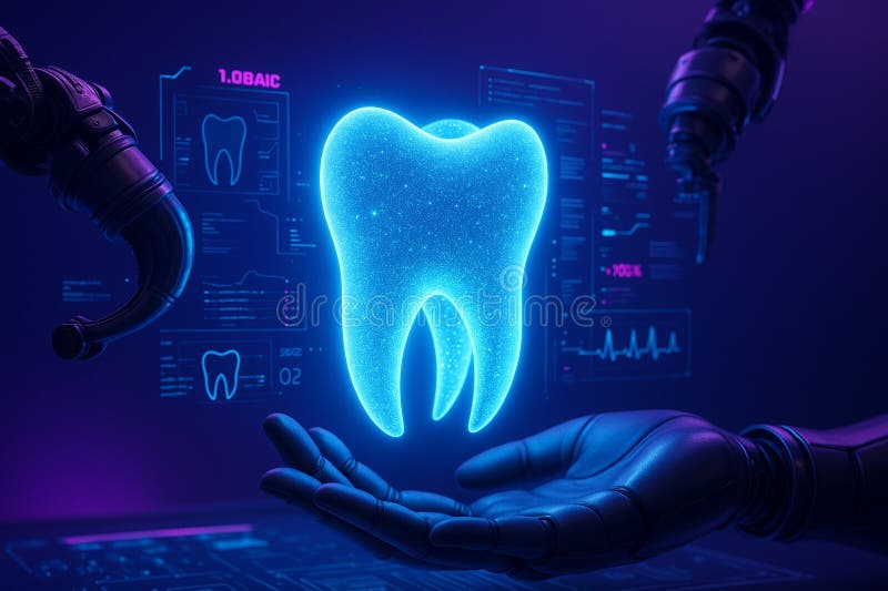 Image of a glowing holographic tooth model held by robotic hands, surrounded by digital diagnostics in a high-tech stock illustration.
