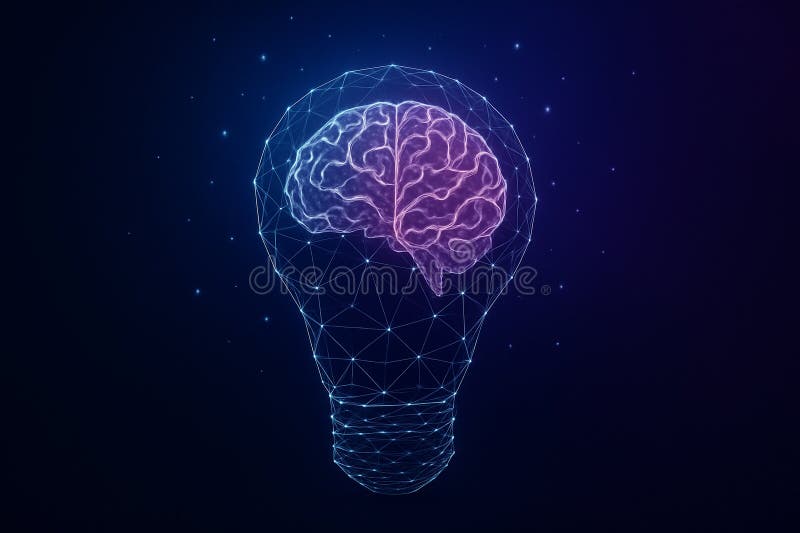 Image of a glowing wireframe light bulb containing a human brain symbolizing creativity intelligence and digital vector illustration.