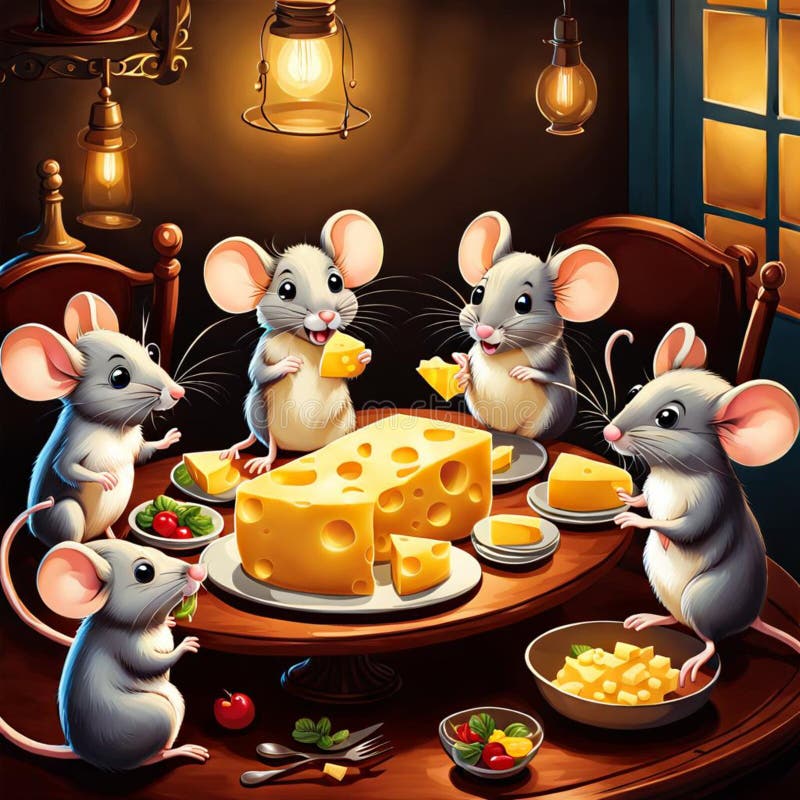 Image of a group of mice enjoying a meal of cheese vector illustration.