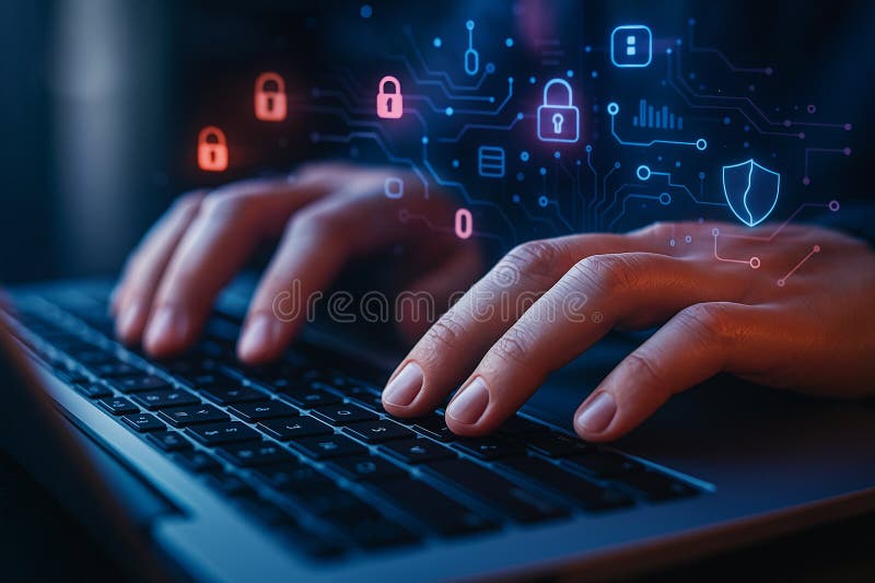 Image of hands typing on a keyboard with glowing holographic locks data icons and circuit lines representing royalty free illustration.