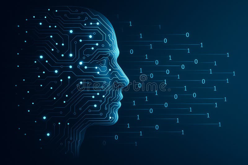 Image of a human face made of glowing circuit lines looking forward with binary code flowing outward representing vector illustration.