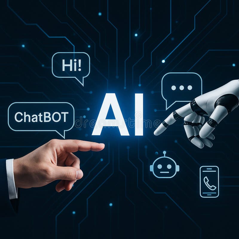 Image of human and robot hands reaching toward each other with AI text in center surrounded by chatbot icons and stock illustration.