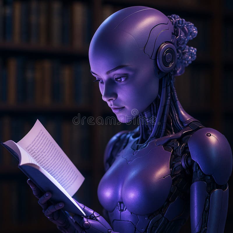 Image of a humanoid female robot deeply reading a book in a futuristic library setting expressing intelligence royalty free illustration.