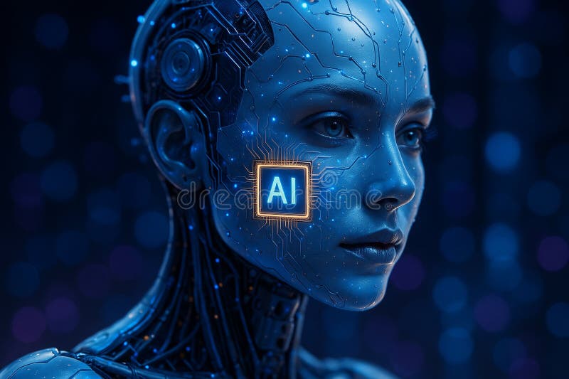 Image of a humanoid female robot with a glowing AI chip on her cheek set against a futuristic bokeh background royalty free illustration.